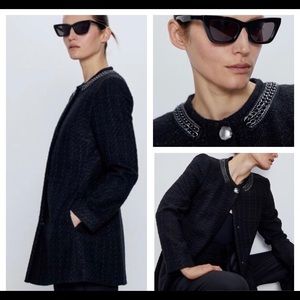 NWT Zara Black Tweed Bouclé Coat Jacket with Chain Collar Detail XS $119